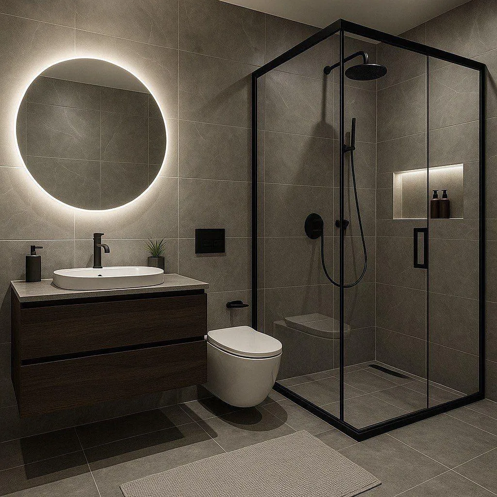Corner shower enclosure with frosted privacy glass